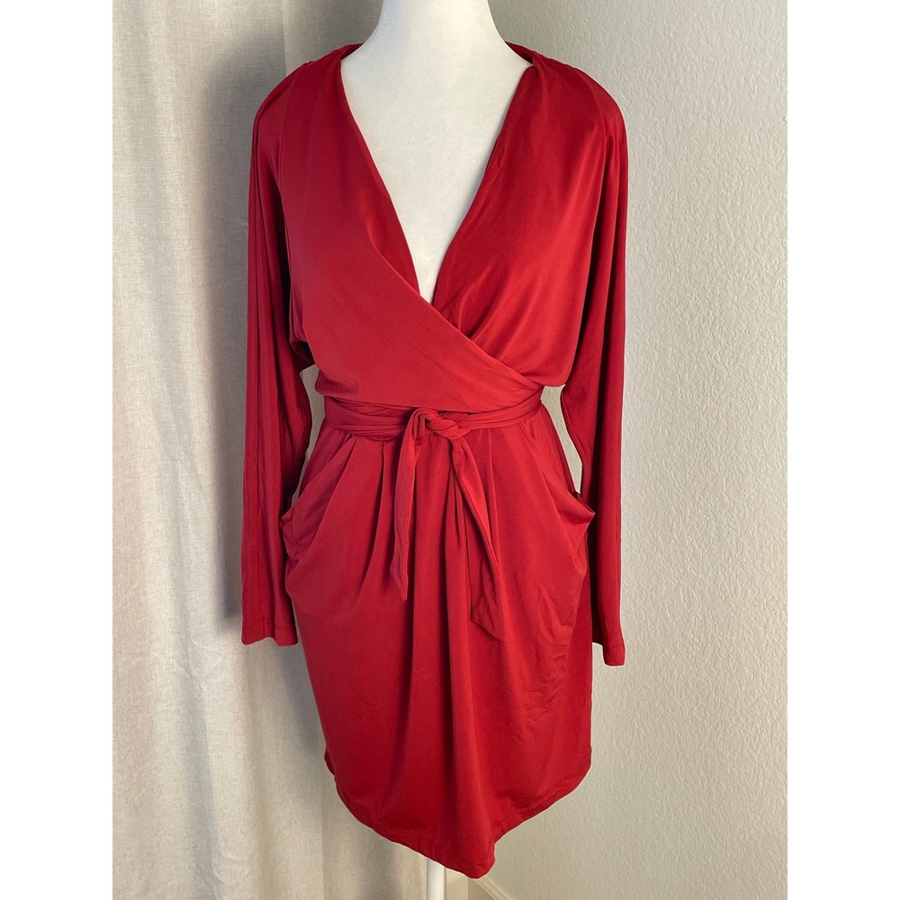 BCBGMAXAZRIA Faux Wrap Dress Womens MP Red Y2K Long Sleeve Pockets EUC SZO6G195